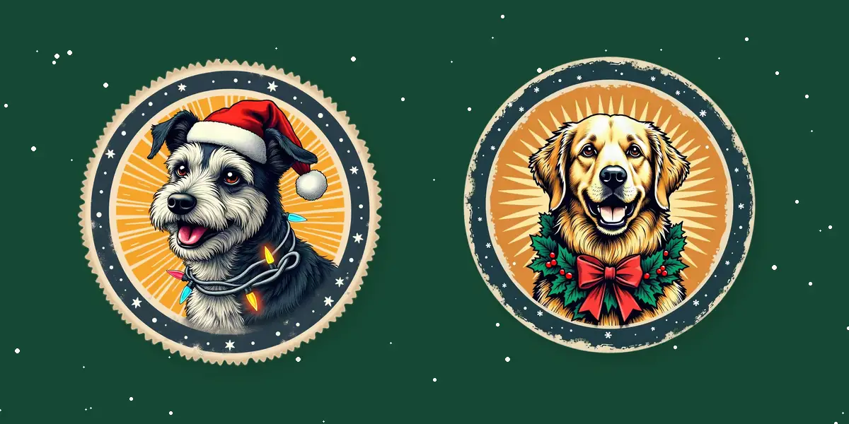 A terrier in a Santa hat tangled in lights and a Golden Retriever in a holly wreath, in round badges on a snowy green field