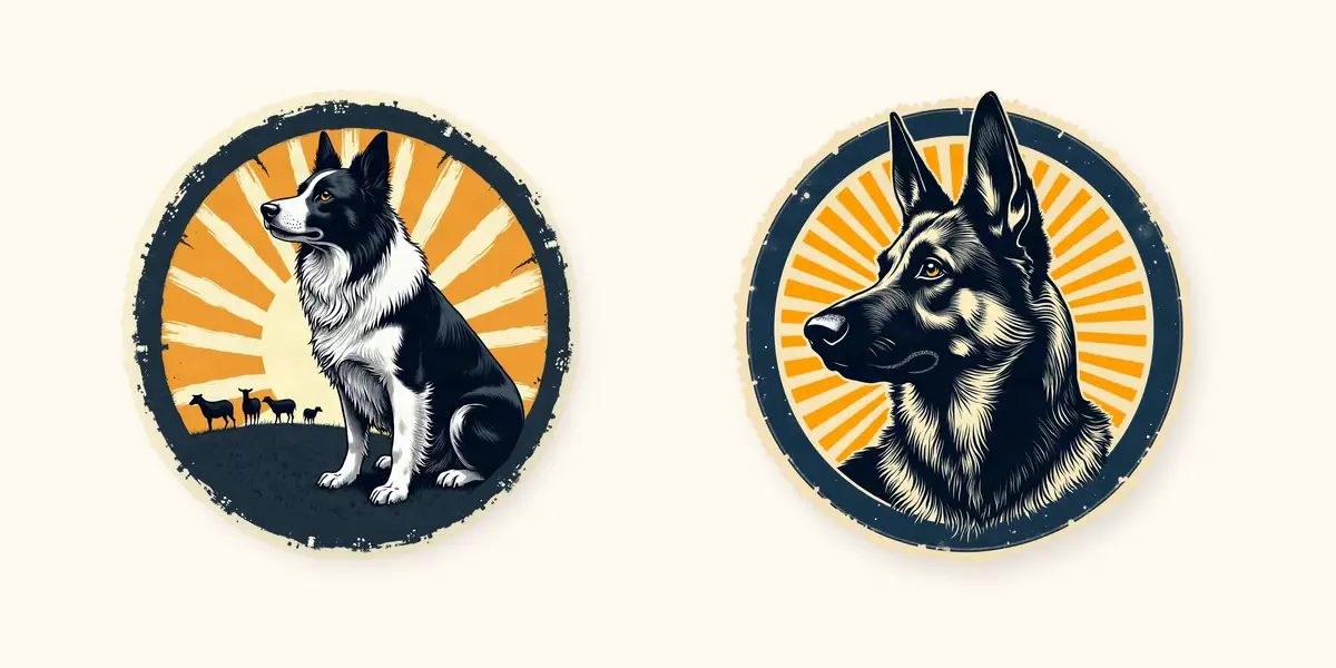 A Border Collie on a hill with sheep at sundown and a German Shepherd in profile, each in a round sunburst badge on cream