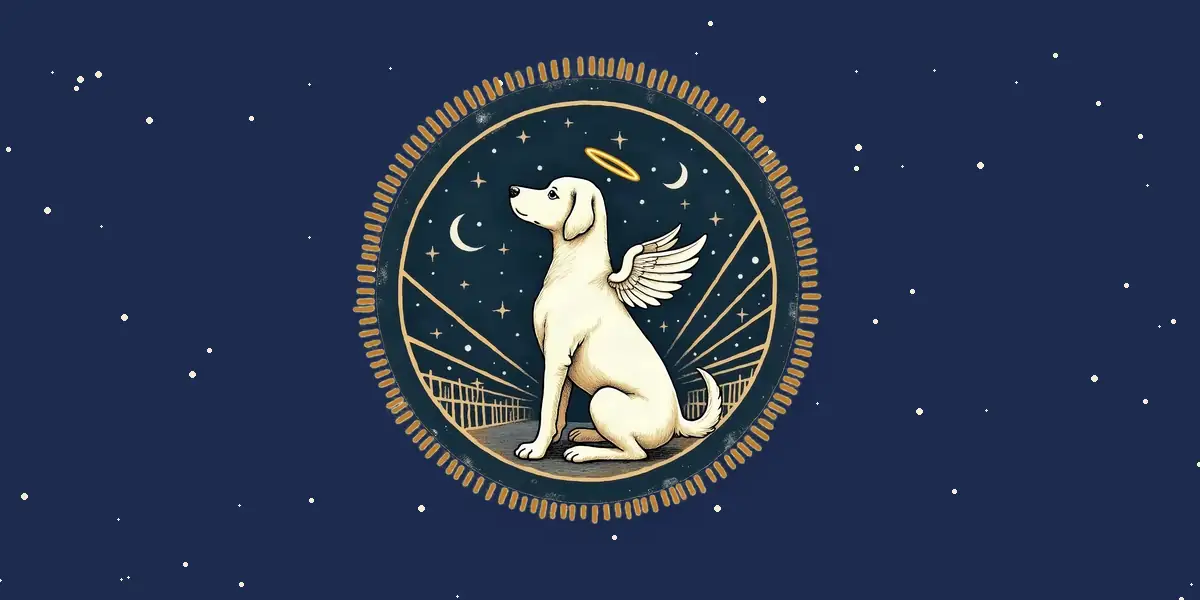 A cream dog with angel wings and a halo sitting under the stars in a round badge, on a deep navy sky dotted with stars