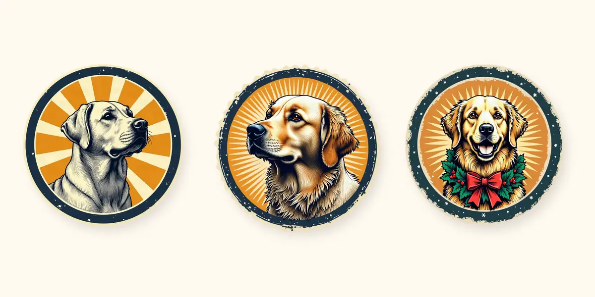 A Labrador, a Golden Retriever and a Golden Retriever in a holly wreath, each in a round sunburst badge, side by side on cream