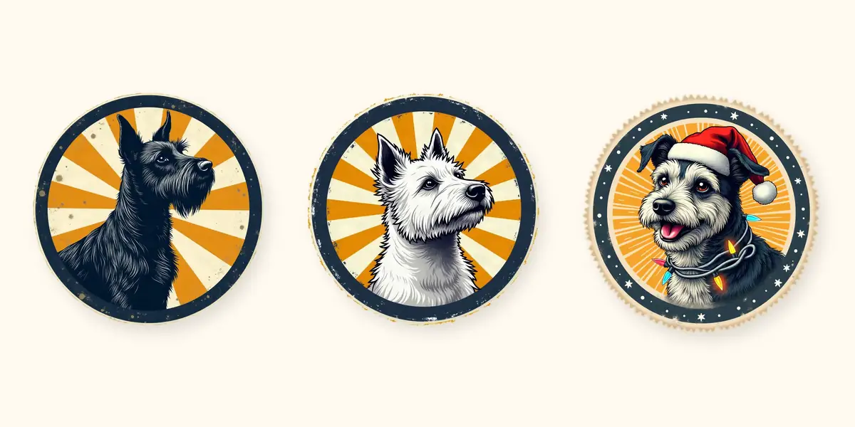 A Scottish Terrier, a West Highland White Terrier and a terrier in a Santa hat, each in a round sunburst badge, side by side on cream