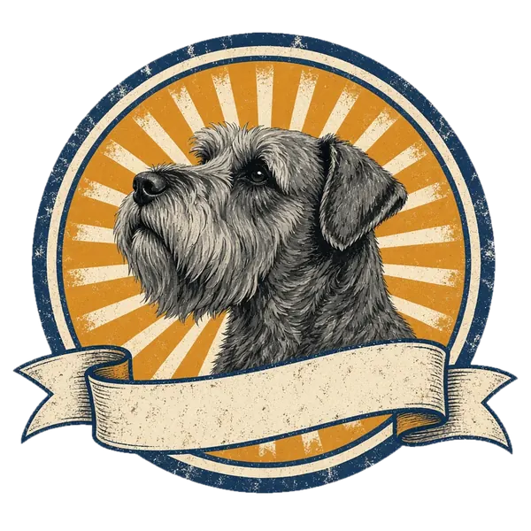 Illustrated Schnauzer in a retro sunburst badge