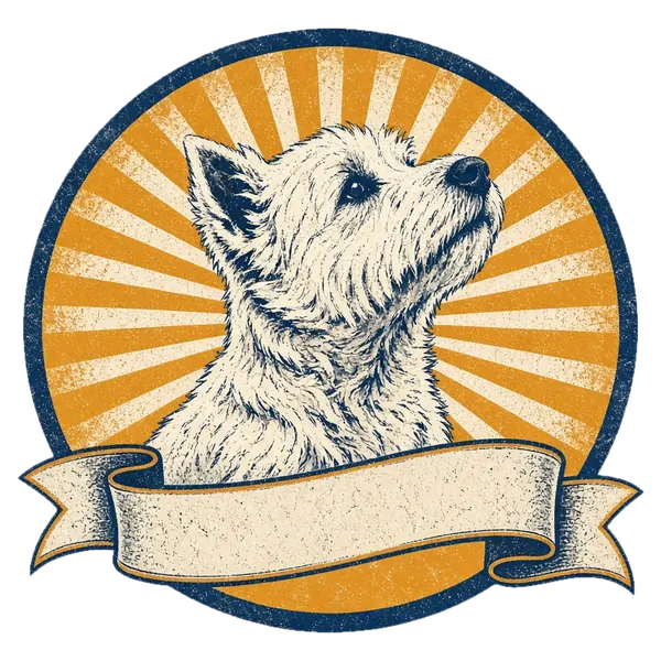 Illustrated West Highland White Terrier in a retro sunburst badge