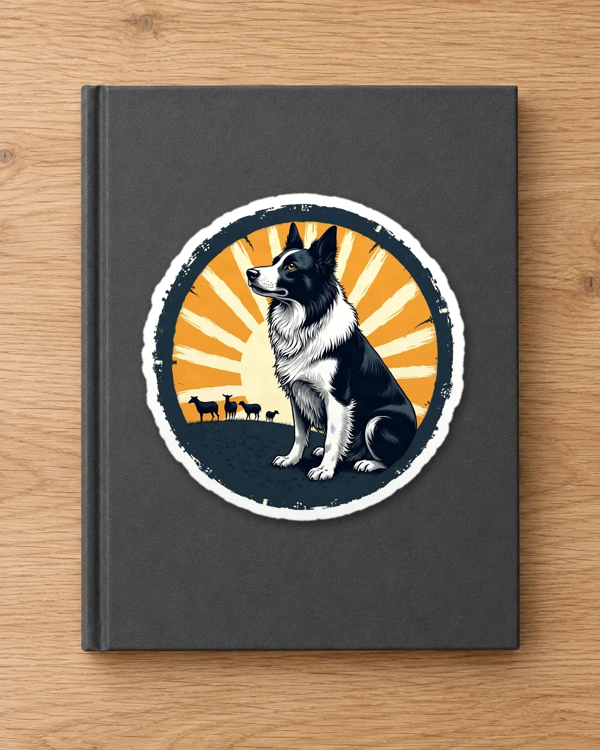 Border Collie at Sundown tee on a die-cut sticker
