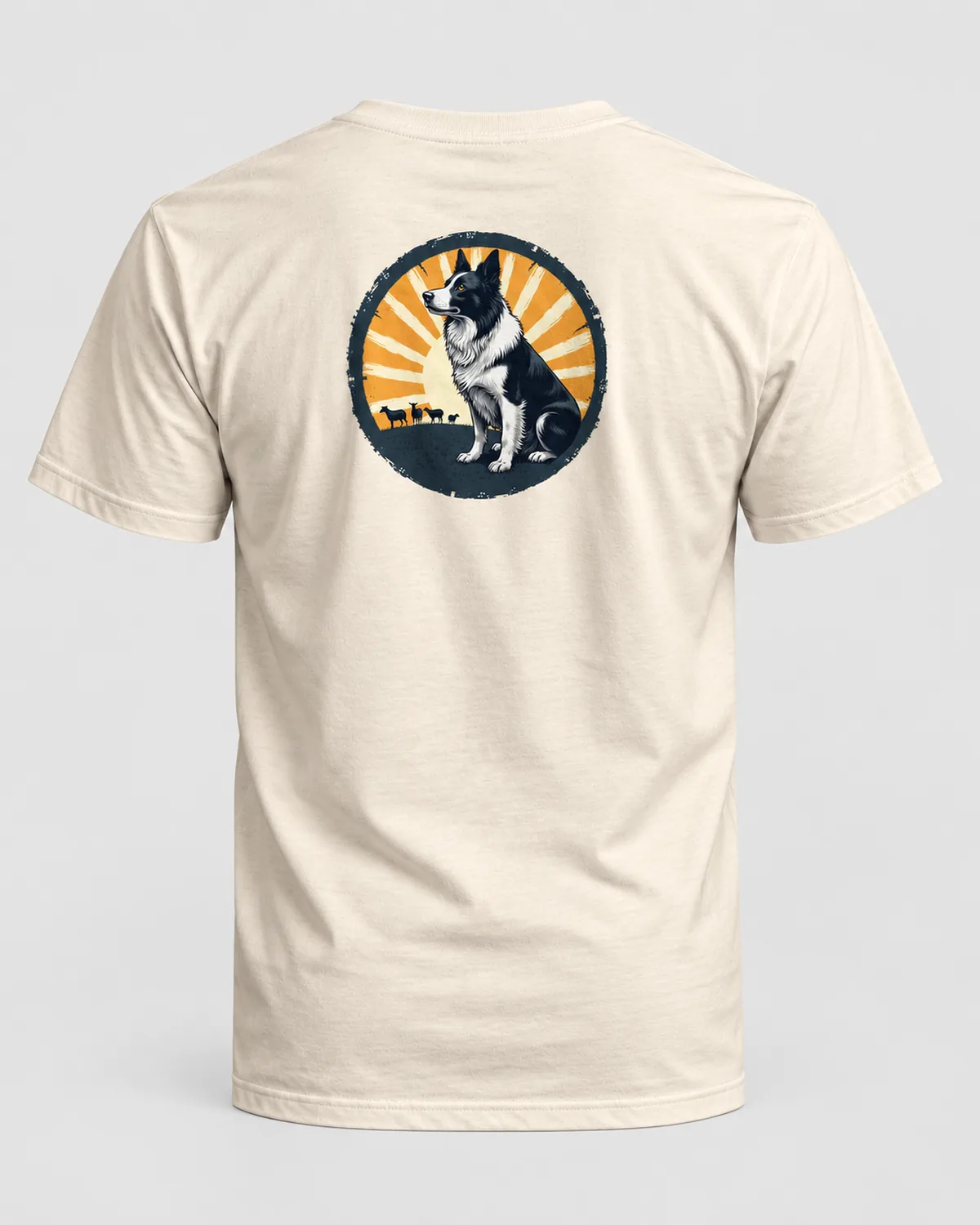 Border Collie at Sundown tee on a natural tee, back view