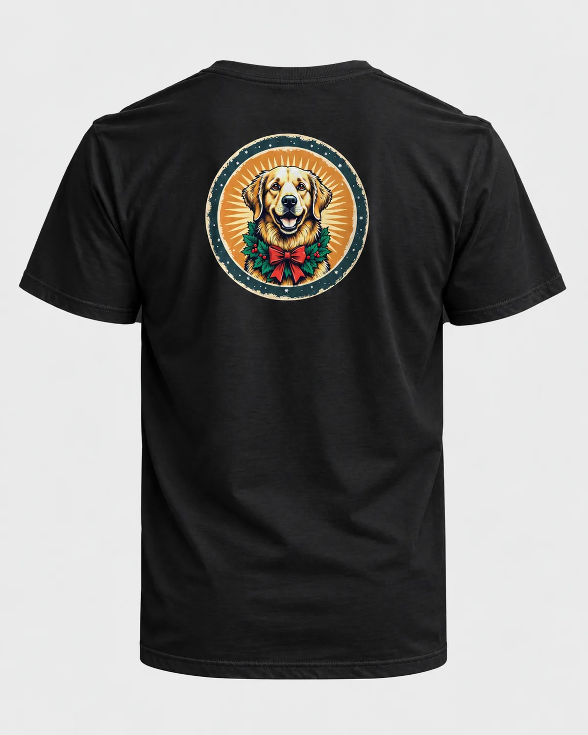 Christmas Golden tee on a black tee, back view