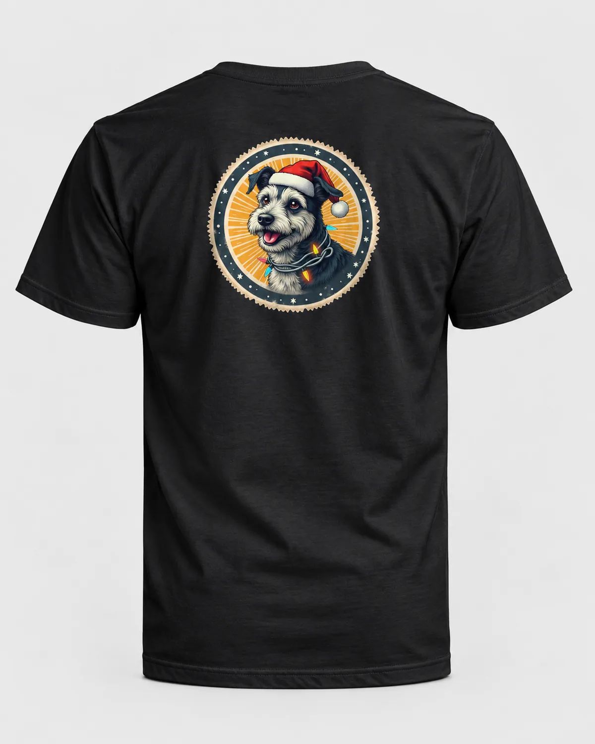 Christmas Terrier tee on a black tee, back view