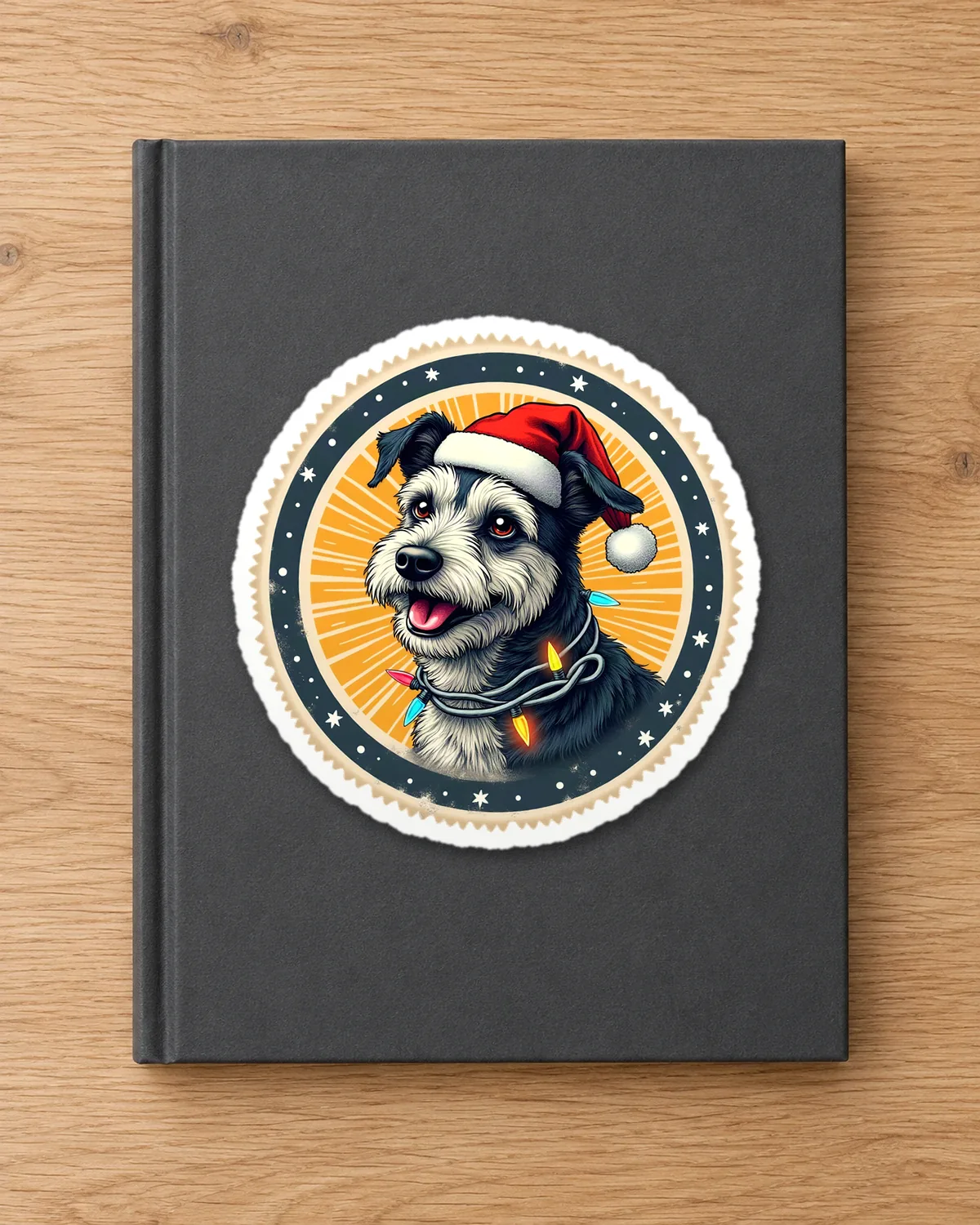 Christmas Terrier tee on a die-cut sticker
