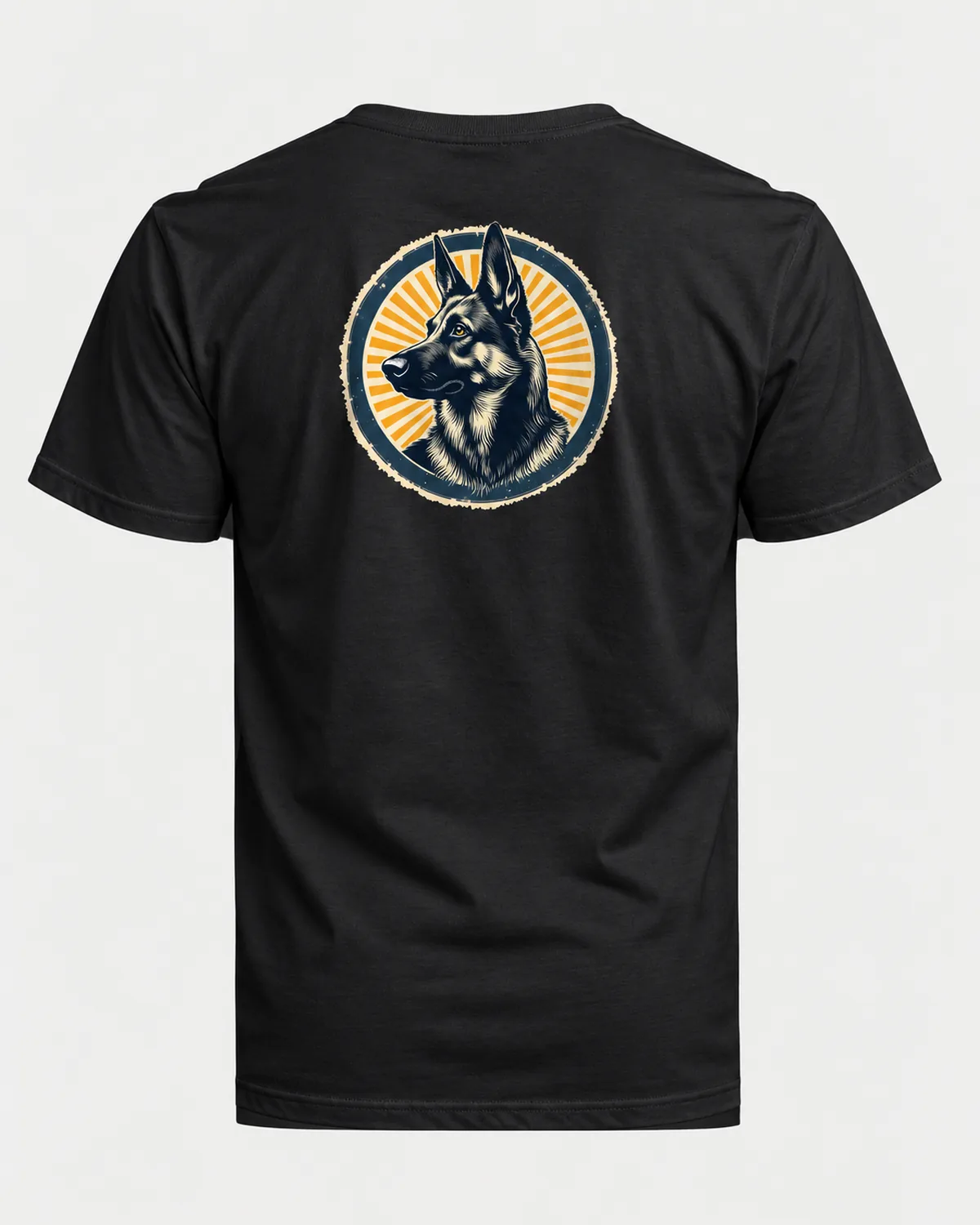 German Shepherd Sunburst tee on a black tee, back view