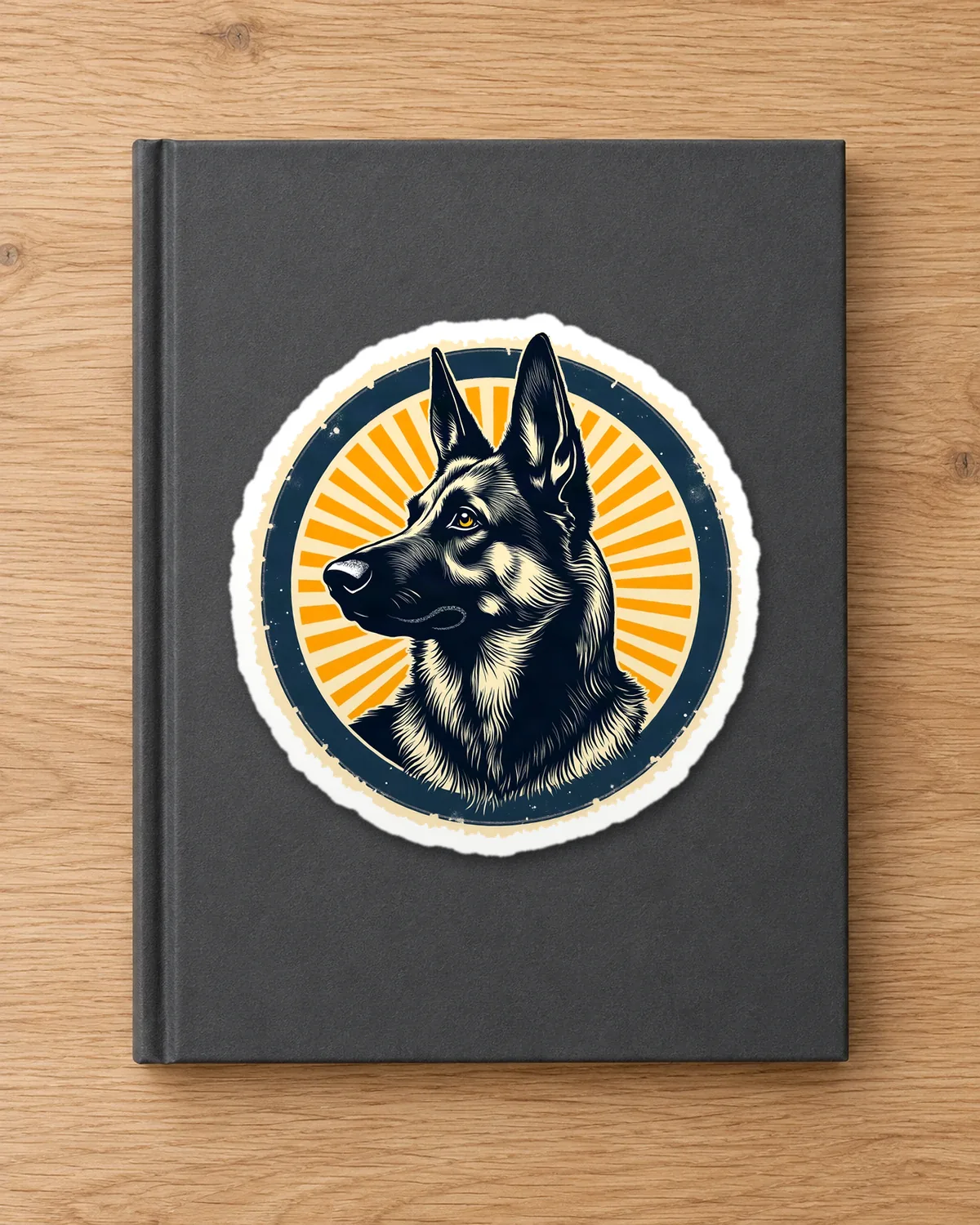 German Shepherd Sunburst tee on a die-cut sticker