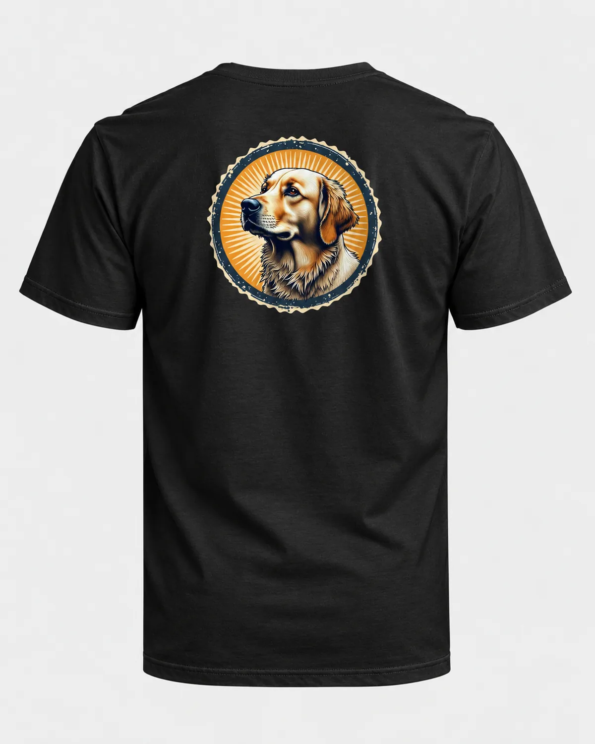 Golden Sunburst tee on a black tee, back view