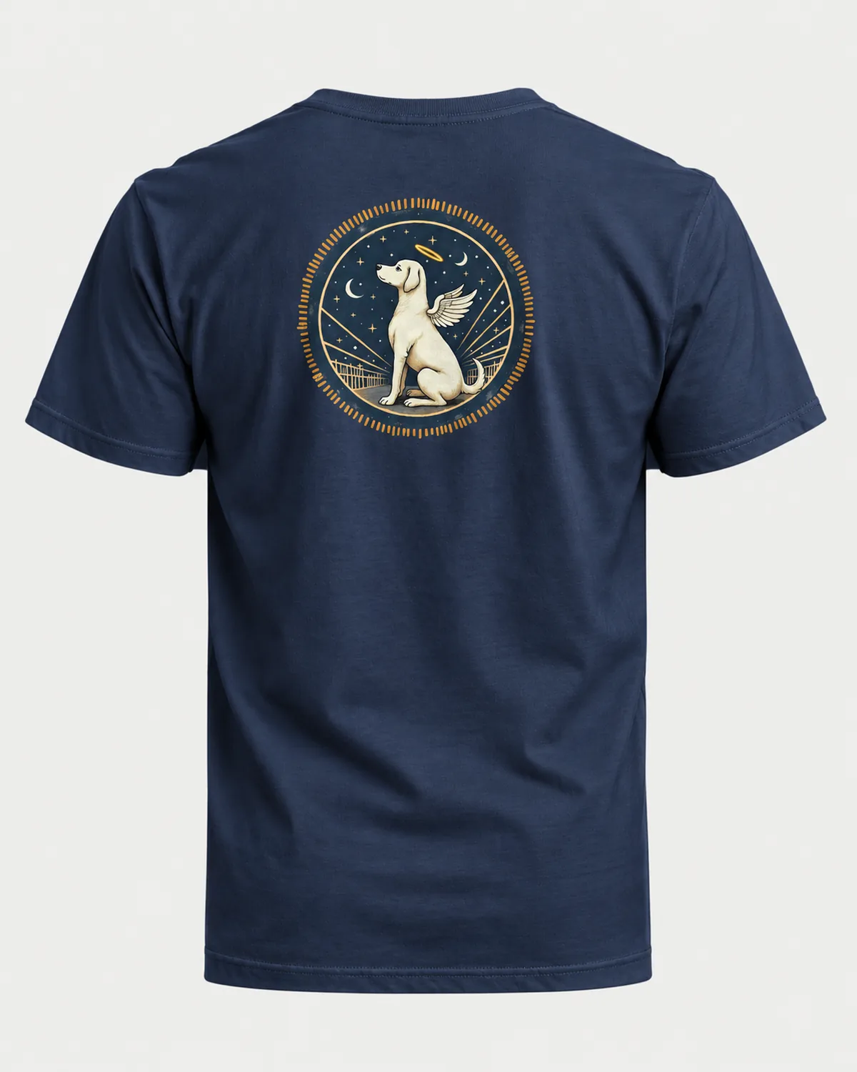 Wings & Halo memorial tee on a navy tee, back view