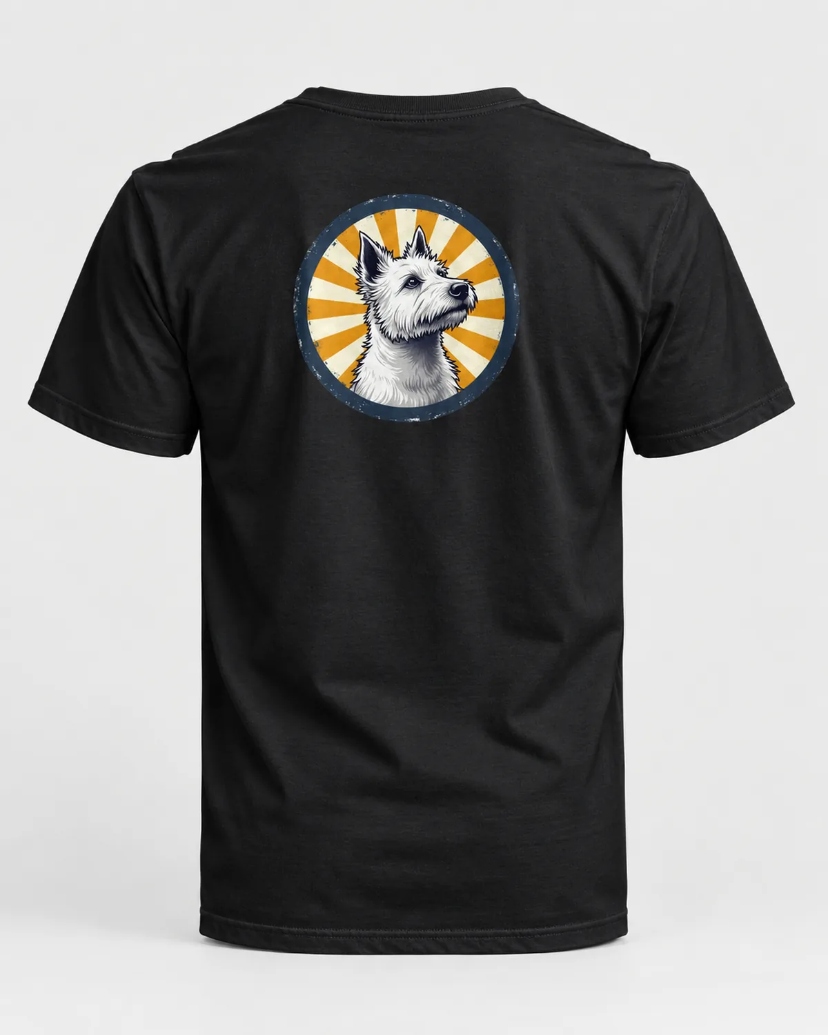 Westie Sunburst tee on a black tee, back view