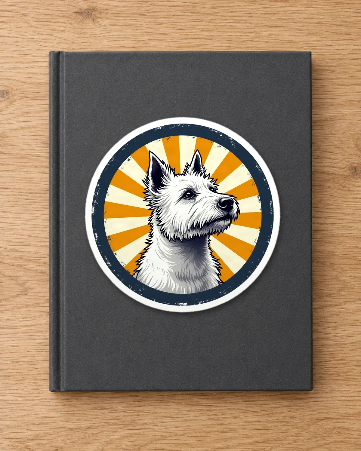 Westie Sunburst tee on a die-cut sticker
